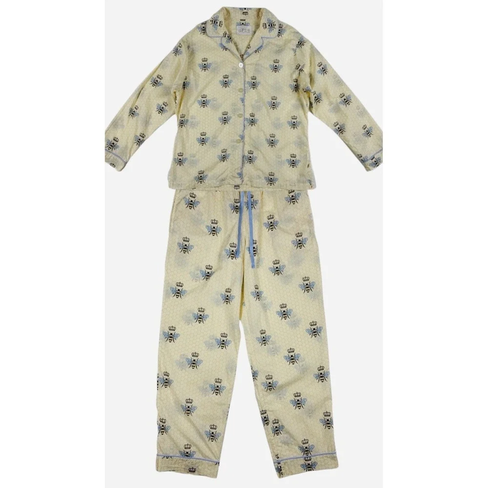 The Cat's Pajamas Queen Bee Flannel Pajama Set LARGE Yellow‎ Cozy Warm